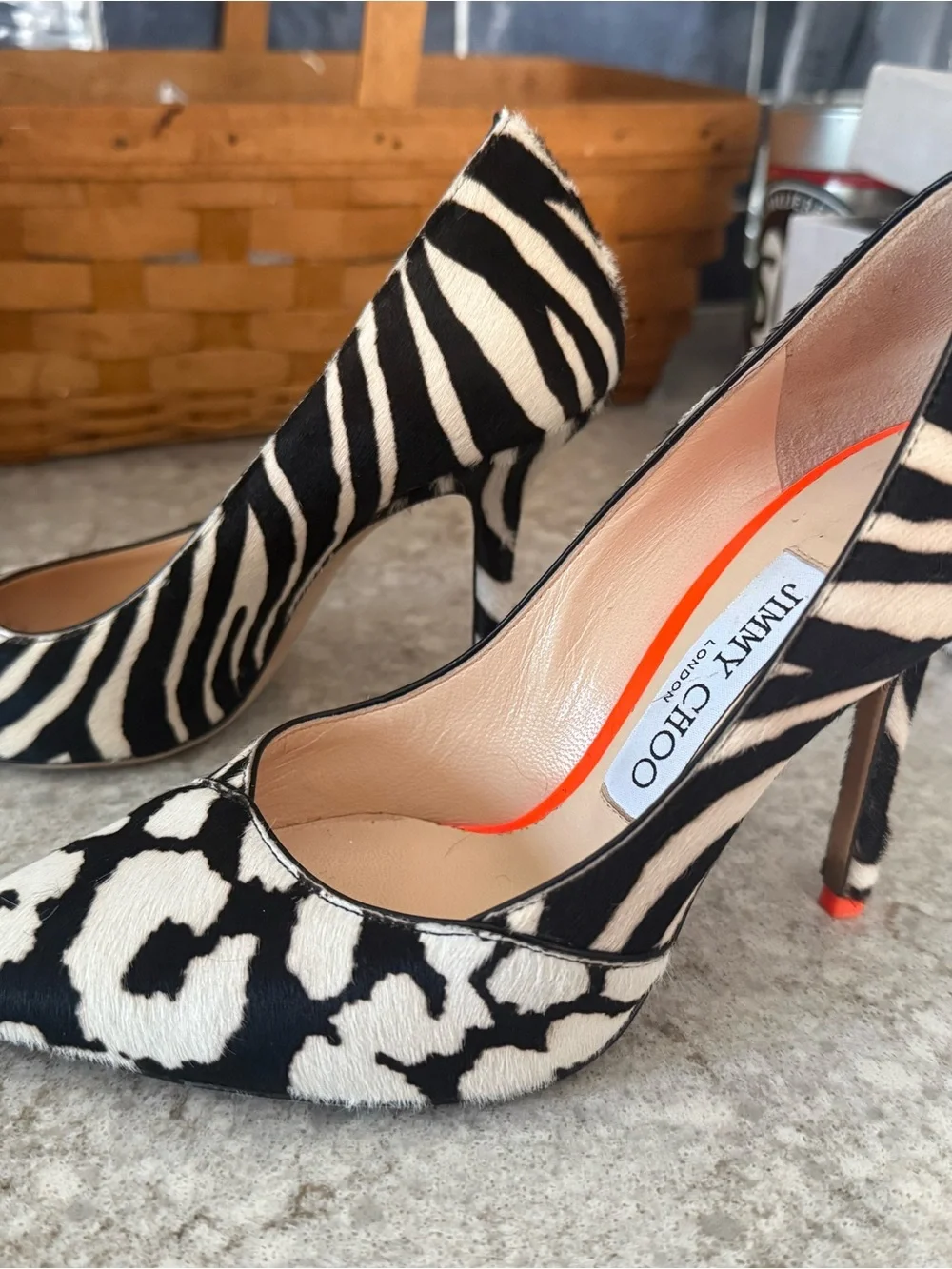 Jimmy Choo Black and White Animal-Print Pointed Pumps with Orange Lining